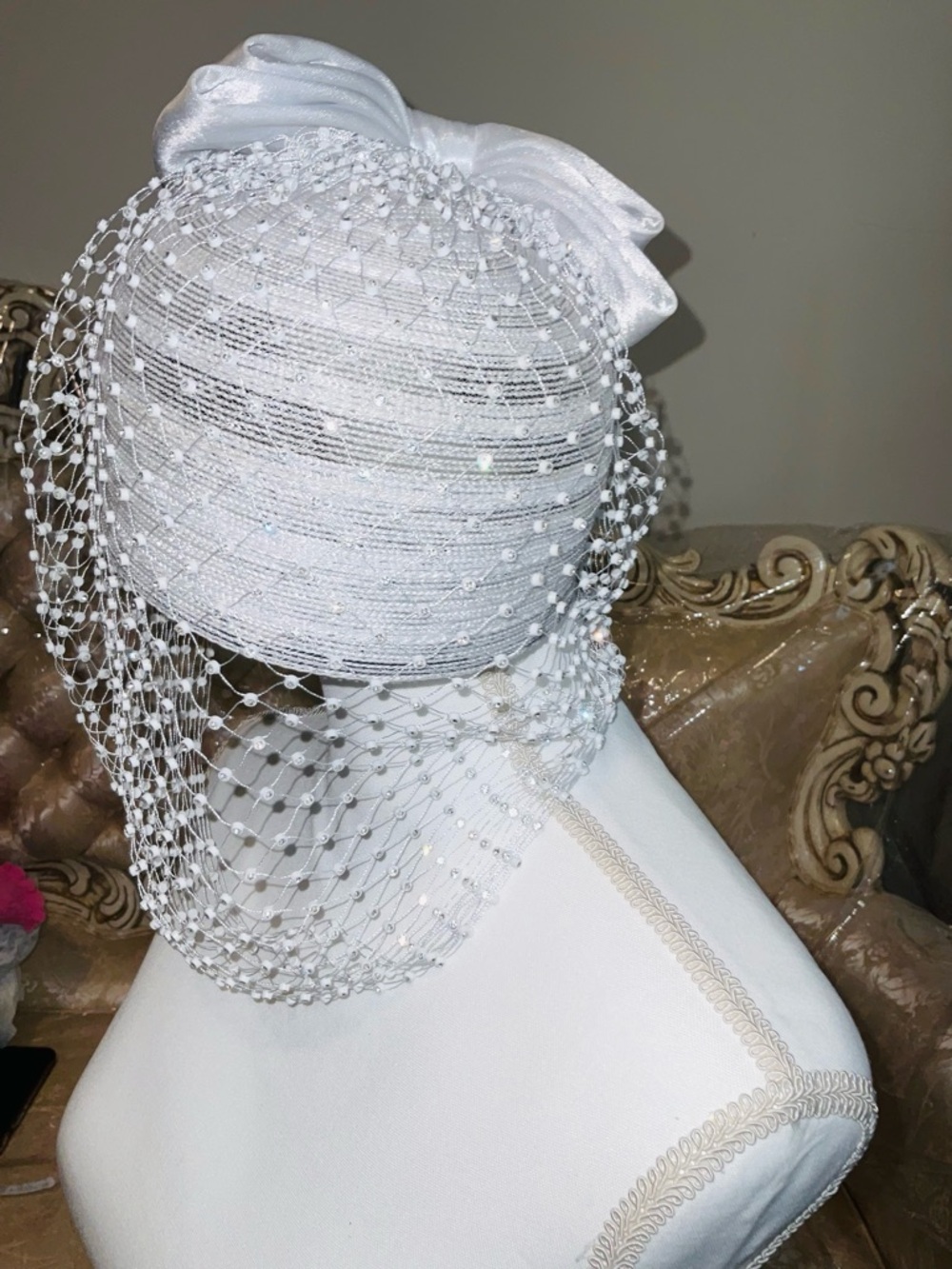 White Beaded Birdcage Veil Fascinator Headpiece (Price Is Firm) - Picture 7 of 10